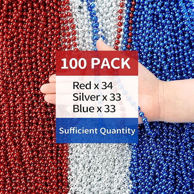 ZYFLSQ 100PCS 4th of July Bead Necklace, 33" 7mm Independence Day Bead Necklaces Bulk, Metallic Beaded Necklaces, 4th of July Accessories for Patriotic Parade Party Favors Decorations(Red/Silver/Blue)