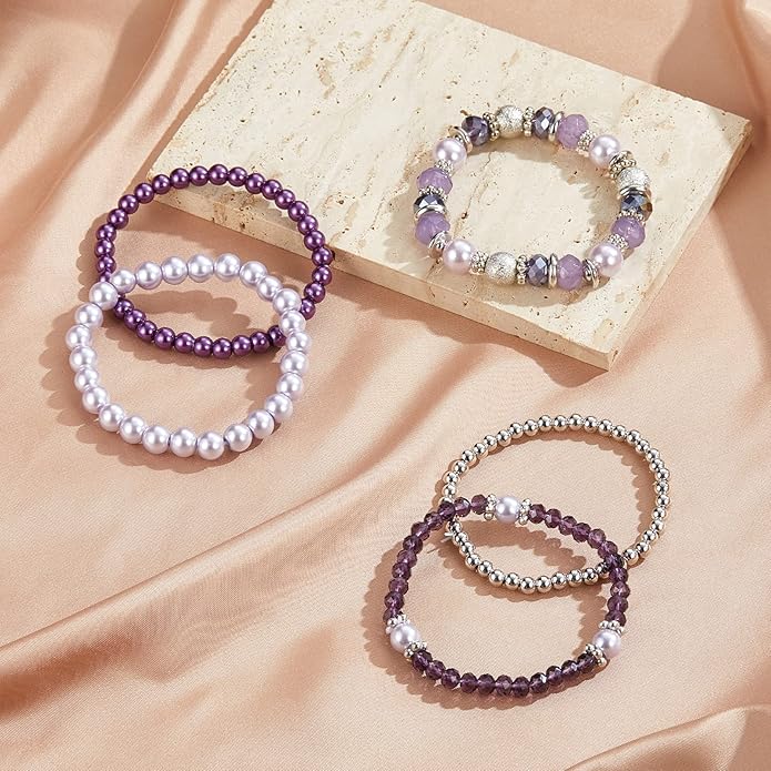 Noessla Beaded Pearl Stretch Bracelet Silver Stackable Crystal Beads Bracelets Trendy Costume Jewelry Mothers Day Gifts for Women