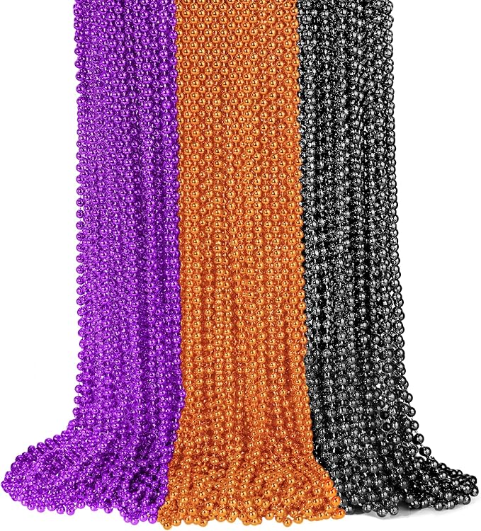 ZYFLSQ 100PCS Halloween Beads Necklace, 33" 7mm Halloween Necklaces Bulk, Metallic Beaded Necklaces, Halloween Parade Throws Accessories, Party Favors Decorations (Purple/Black/Orange)