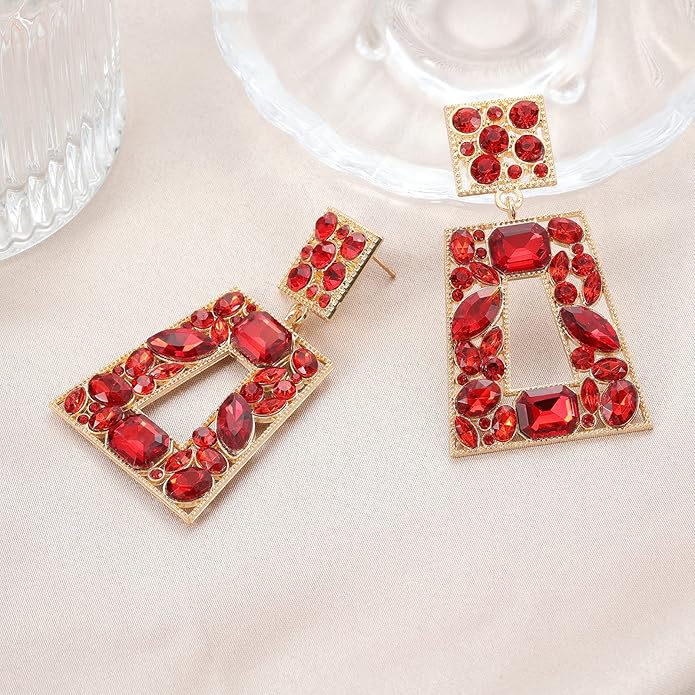 Rhinestone Rectangle Statement Earrings Colorful Crystal Geometric Drop Dangle Earrings for Women Prom Party