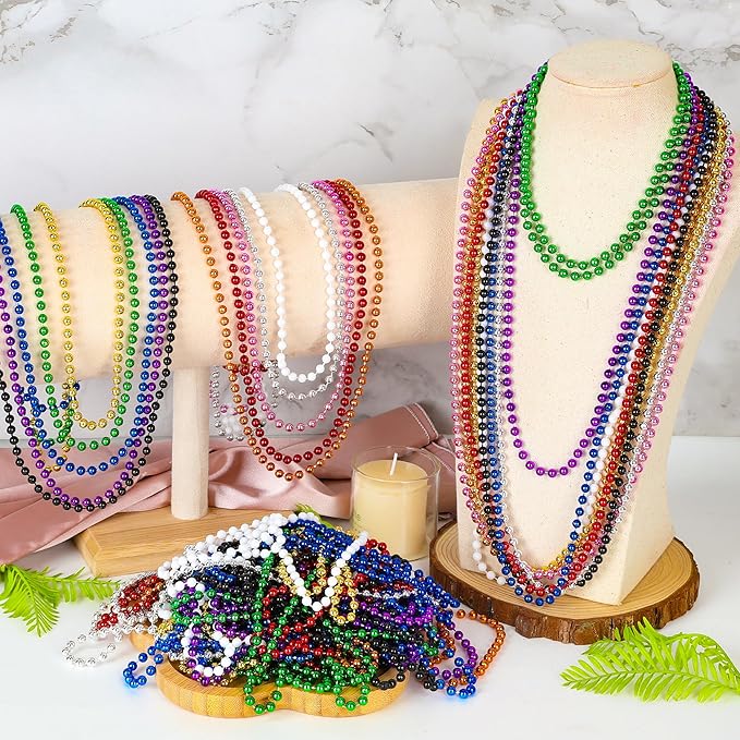 100 PCS Mardi Gras Beads, 33" Assorted Colors Carnival Beads Bulk, 10 Kinds Colors Beaded Stuff Set, Parade Throw Accessories Set, Round Costume Necklaces for Festive Party Supplies