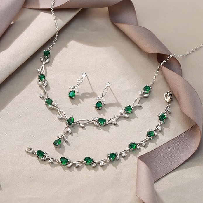 EVER FAITH Bridal Cubic Zirconia Jewelry Sets for Women, White Simulated Pearl Leaf Vine Pendant Wedding Party Necklace Earrings Set for Bridesmaid Bride