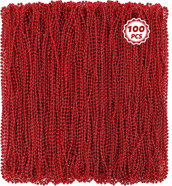 100 PCS Christmas Beads Bulk, 33" Valentines Day Beads Necklaces, Mardi Gras Beads Necklaces Bulk, Red Round Beads For Parade Throw Carnival Accessories Party Supplies Favors