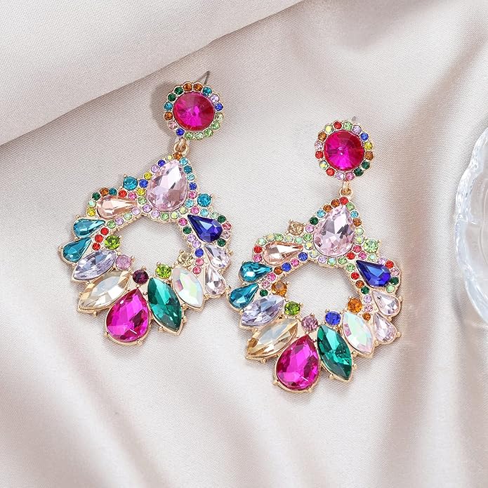 Fashion Rhinestone Statement Drop Dangle Earrings Large Colorful Crystal Chandelier Earrings for Women Bridal Wedding Party Prom