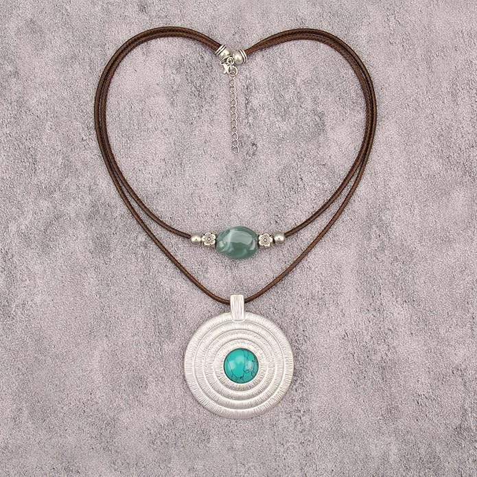 Boho Necklaces for Women Chunky Circle Necklace Layered Boho Circle Leather Choker Necklace Long Vintage Necklaces Bohemian Jewlery Gifts