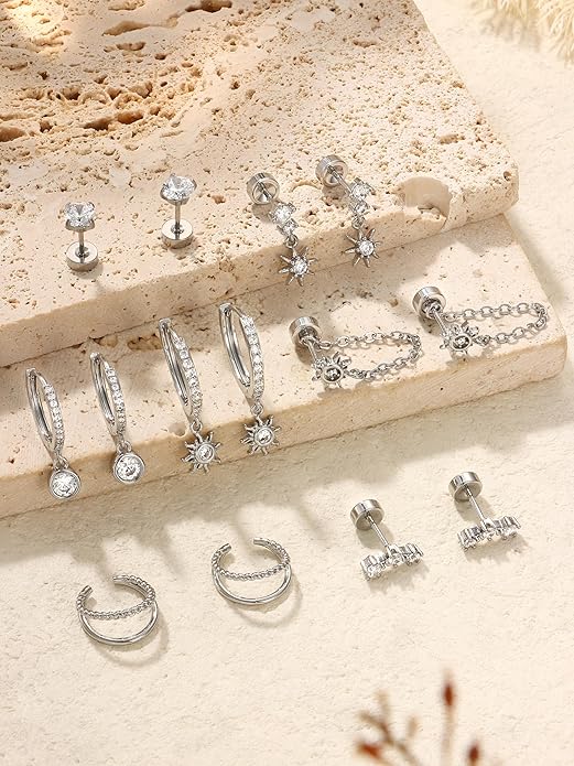 Dochais Flat Back Cartilage Earrings for Women Trendy Dainty CZ Flatback Studs Earing Sets 14k Gold Plated Hypoallergenic Huggie Hoops Earring Stacks for Multiple Piercing