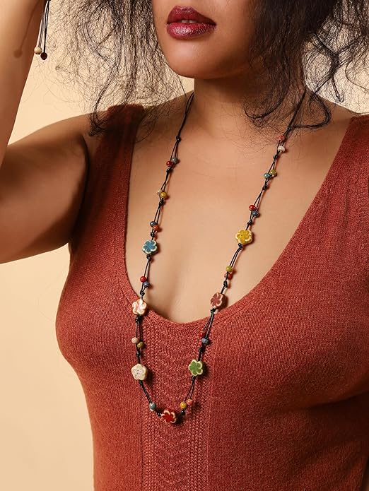 MINACHI Hippie Bohemian Colorful Ceramic Bead Long Strand Necklace, Boho Hippie Beach Summer Statement Jewelry Gift for Women