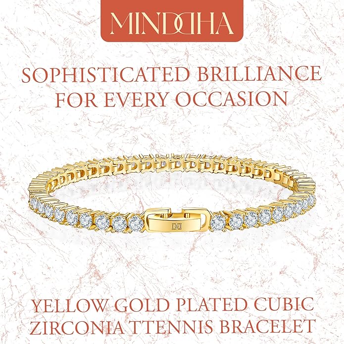MINDDHA 14K Gold/White Gold Plated Cubic Zirconia Tennis Bracelet | Silver, Gold Bracelets for Women | Elegant CZ Tennis Bracelet for Women, Thin, Dainty, & Classic, Size 6-8 Inch