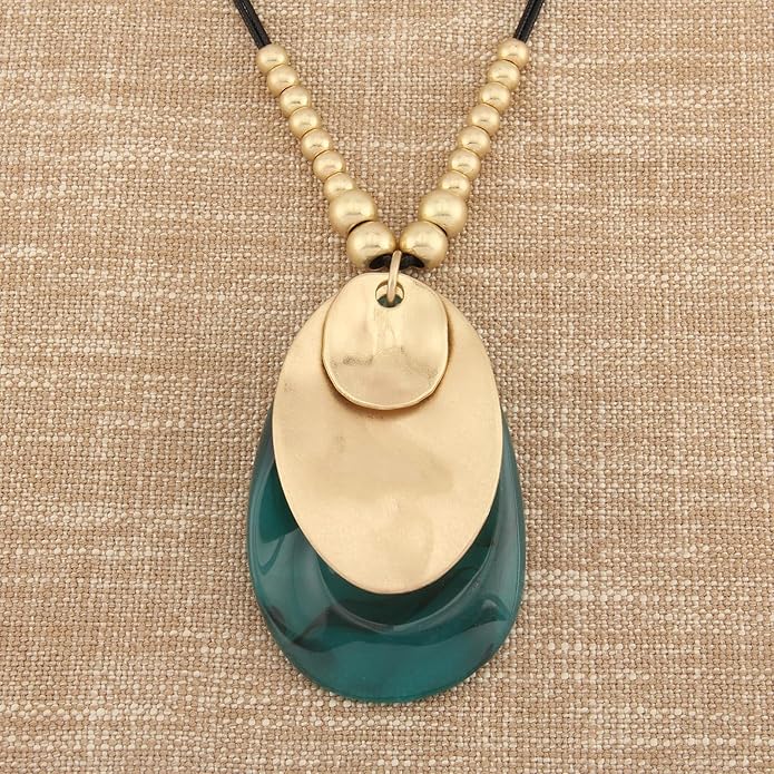 GelConnie Leather Necklace for Women Large Pendant Long Brown Necklace Circle Leather Choker Vintage Sweater Necklace Gold Chunky Boho Necklaces for Women