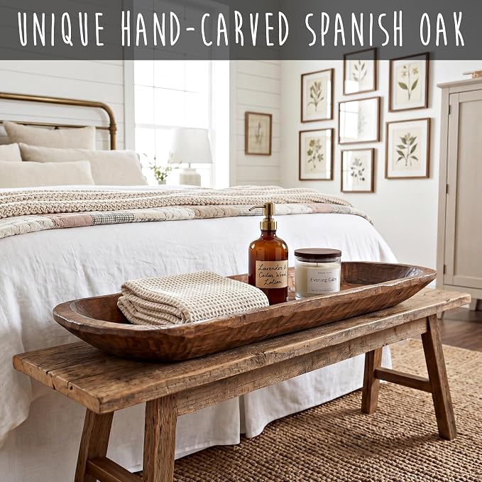 Decorative Bowl Home Decor Approx 12x40 Inch, Long Hand Carved Spanish Oak | - Image 9