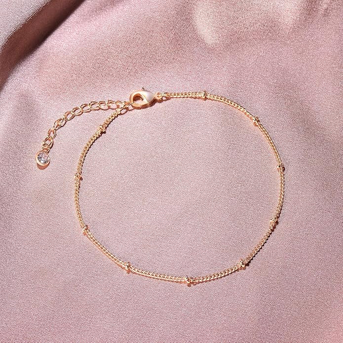 Dainty Layered Gold Chain Bracelet for Women 14K Gold Plated Handmade Adjustable Bracelet Satellite Beads Oval Mariner Figaro Link Chain Bracelets Minimalist Layering Stacking Jewelry Gift for Women