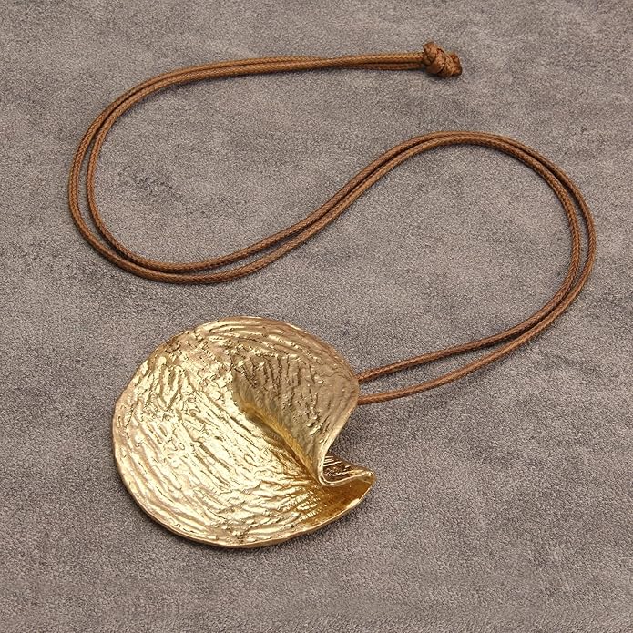 GelConnie Leather Necklace for Women Large Pendant Long Brown Necklace Circle Leather Choker Vintage Sweater Necklace Gold Chunky Boho Necklaces for Women