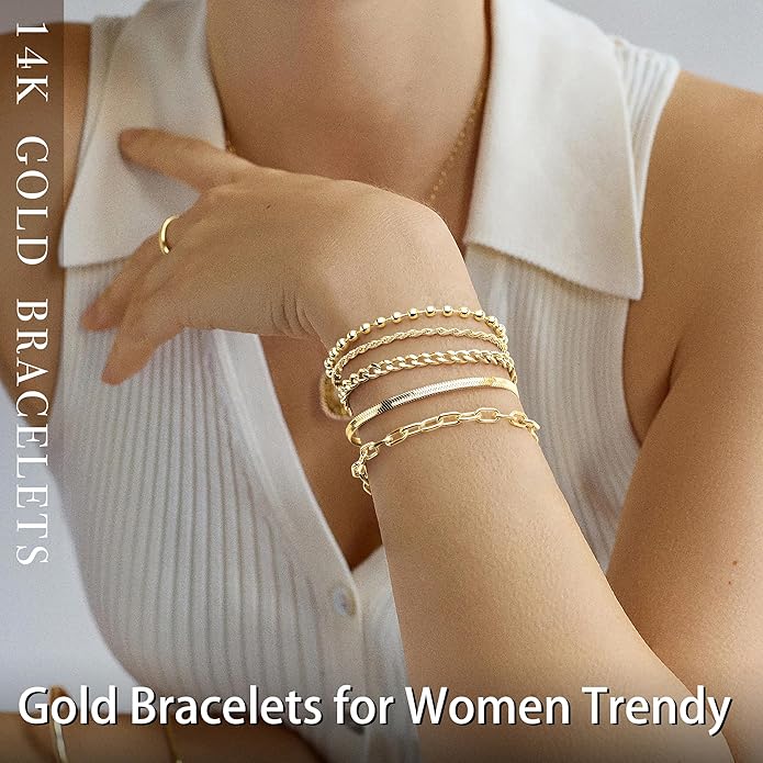Gold Bracelets Set for Women Stack, Dainty Thick Bracelets Stack for Women Trendy, Simple Thin Gold Plated Cuff Stackable Bracelets With Beaded Cuban Paperclip Snake Rope Bangle Hand Chain Jewelry Gifts for Women Non Tainish