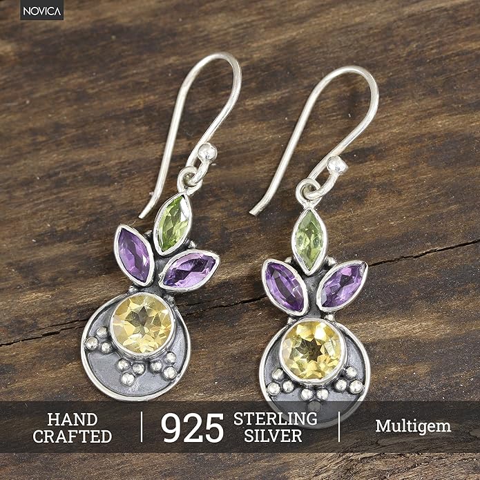 NOVICA Artisan Handmade Multigemstone Dangle Earrings 3carat from India Sterling Silver Citrine Amethyst Peridot Birthstone [1.5 in L x 0.4 in W x 0.1 in D] ' Glittering Melody'