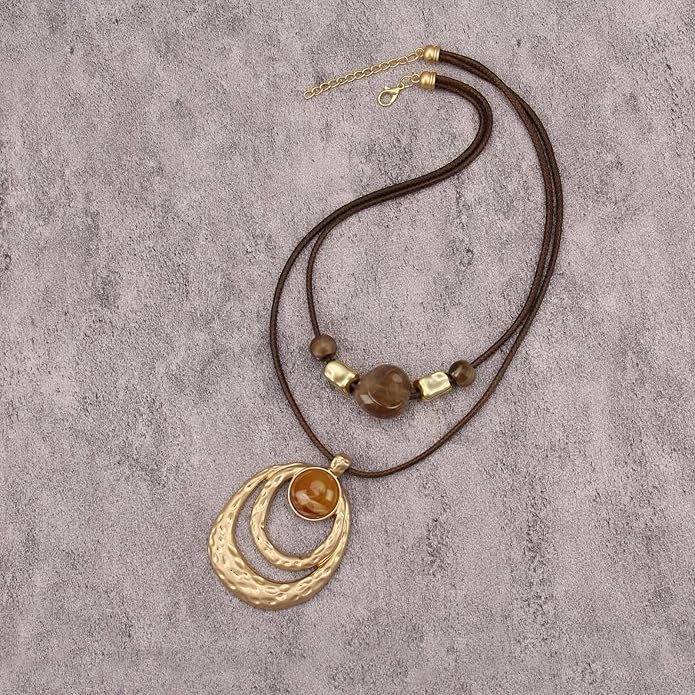 Boho Necklaces for Women Chunky Circle Necklace Layered Boho Circle Leather Choker Necklace Long Vintage Necklaces Bohemian Jewlery Gifts