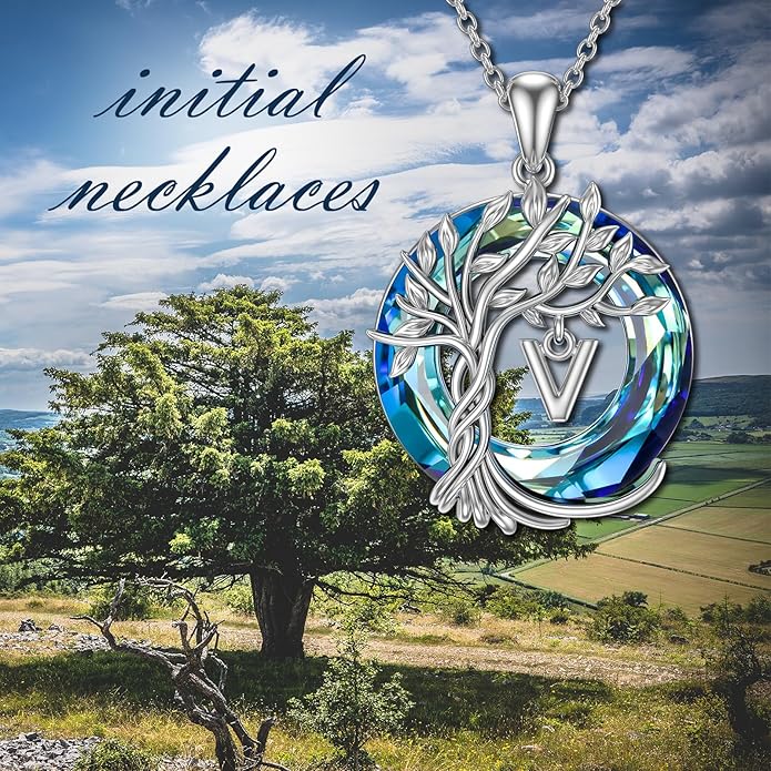 TOUPOP Gifts for Women Tree of Life Necklace 925 Sterling Silver Initial Pendant Family Tree Crystal Jewelry Valentine's Day Birthday Gifts for Her Mom Wife Girlfriend Daughter