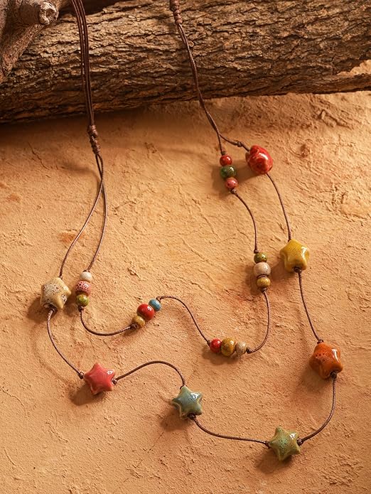 MINACHI Hippie Boho Double Layered Colorful Ceramic Heart Round Bead Necklace, Bohemian Jewelry Gifts for Women