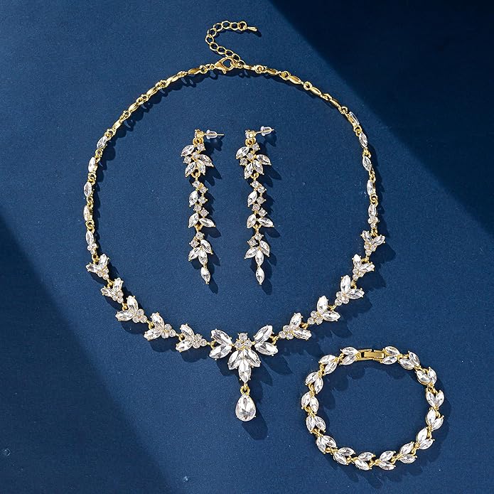 Wedding Jewelry Sets for Bride Bridesmaid Bridal Jewelry Set for Women Wedding Crystal Necklace Earrings Bracelet Set for Party Prom Jewelry