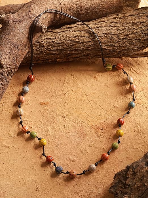 MINACHI Hippie Bohemian Colorful Ceramic Bead Long Strand Necklace, Boho Hippie Beach Summer Statement Jewelry Gift for Women