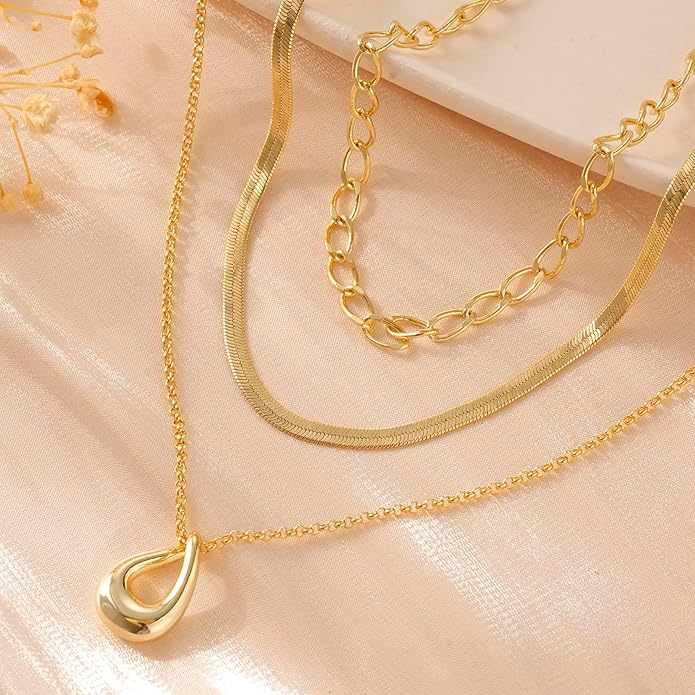 NECOCY Valentine's Day Gift 14k Gold/Silver Plated Layered Gold Necklaces for Women, 3Pcs Dainty Herringbone Choker Set, Trendy Stack Simple Chain Layering Pendant Jewelry