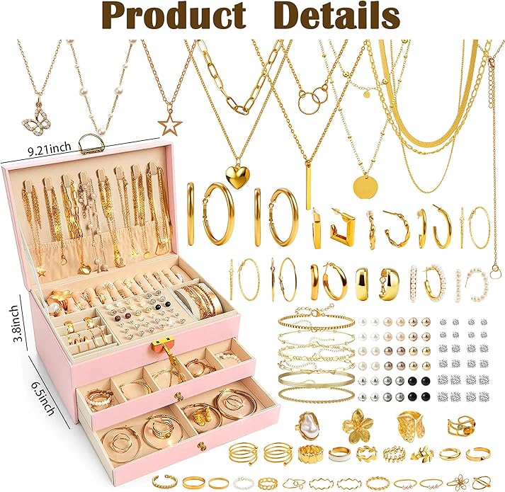 SMUOBT Jewelry Box with Jewelry Set for Women Men - Large Multi-Layer Jewelry Organizer Storage Case with Drawers, Necklace Bracelet Hoop/Stud Earrings Rings Gift Set for Her Him, Unique Birthday Party Gift (Gold/Black Silver)