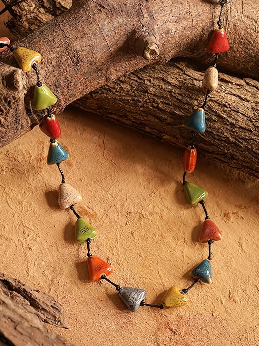 MINACHI Hippie Bohemian Colorful Ceramic Bead Long Strand Necklace, Boho Hippie Beach Summer Statement Jewelry Gift for Women