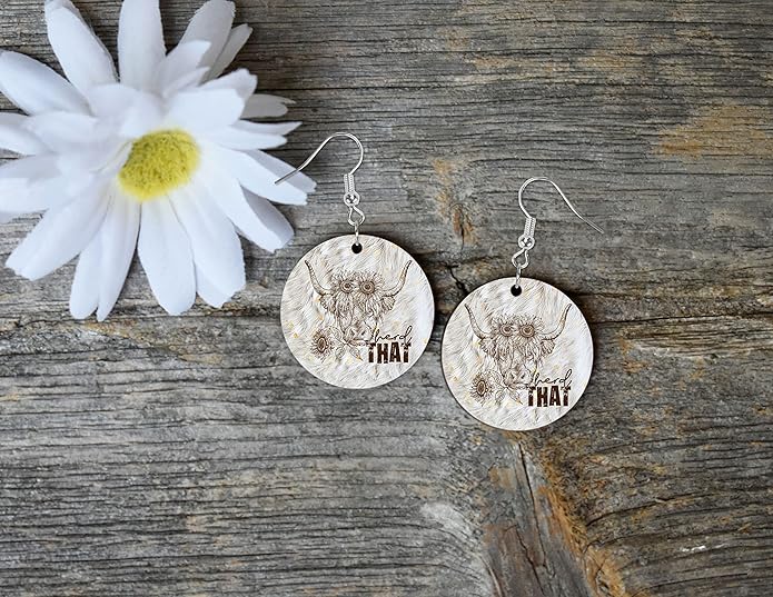 Round Wood Earrings Light Weight Printed Image Dangle Jewelry