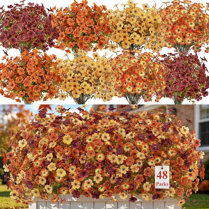 Alupssuc 48 Bundles Artificial Fall Flowers, UV Resistant Faux Mums Porch | by Alupssuc