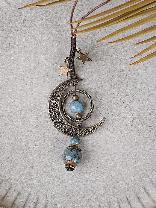 MINACHI Vintage Bohemian Hippie Ceramic Beads Crescent Moon Lariat Necklace, Boho Hippie Statement Jewelry Gift for Women