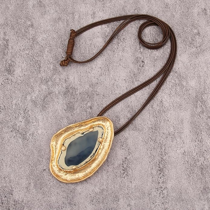 GelConnie Leather Necklace for Women Large Pendant Long Brown Necklace Circle Leather Choker Vintage Sweater Necklace Gold Chunky Boho Necklaces for Women