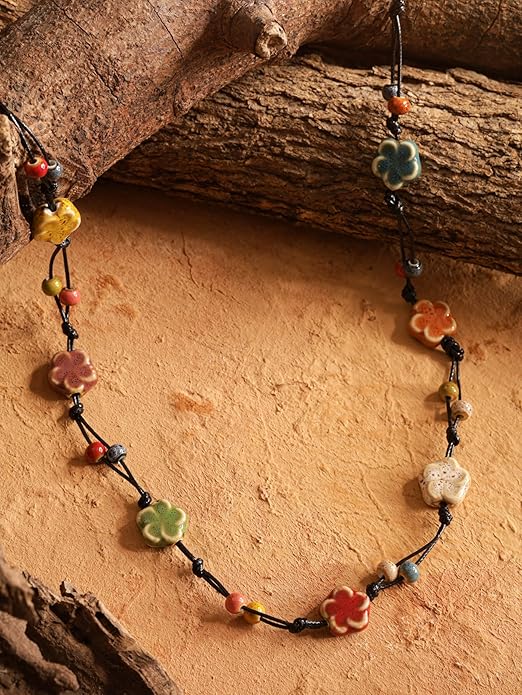 MINACHI Hippie Bohemian Colorful Ceramic Bead Long Strand Necklace, Boho Hippie Beach Summer Statement Jewelry Gift for Women