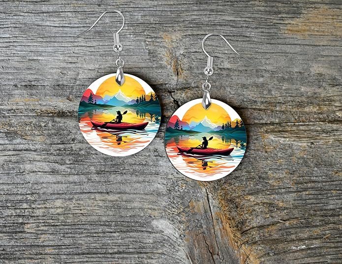 Round Wood Earrings Light Weight Printed Image Dangle Jewelry