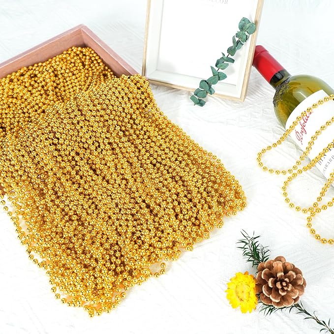 SHAOQINLIN 100 PCS Gold Bead Necklace, Gold Mardi Gras Christmas Beads Necklaces 33" Metallic Beaded Costume Necklaces Party Necklaces for Mardi Gras Parade Throws Wedding Birthday Pirate Party Favors
