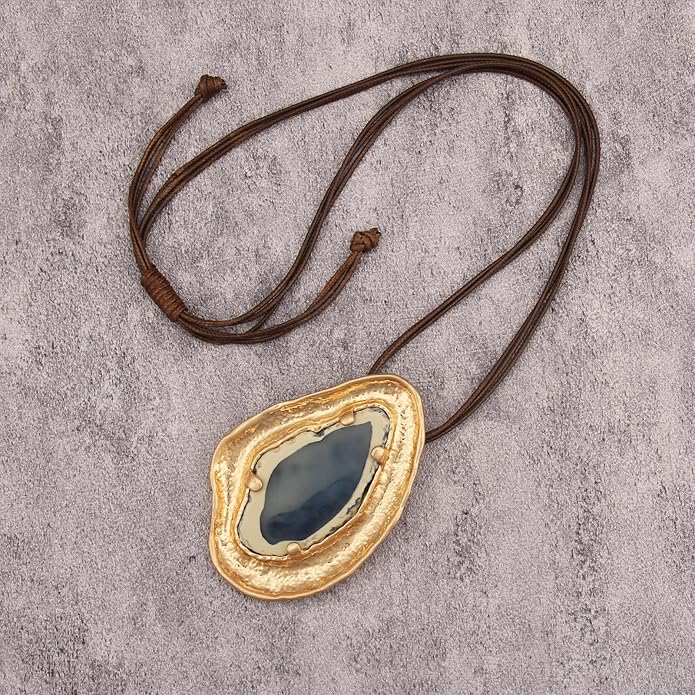 GelConnie Leather Necklace for Women Large Pendant Long Brown Necklace Circle Leather Choker Vintage Sweater Necklace Gold Chunky Boho Necklaces for Women