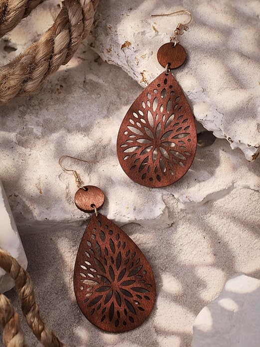 MINACHI Bohemian Hollow Cut-Out Wood Leather Dangle Drop Earrings, Boho Chic Hippie Statement Jewelry Gift for Women