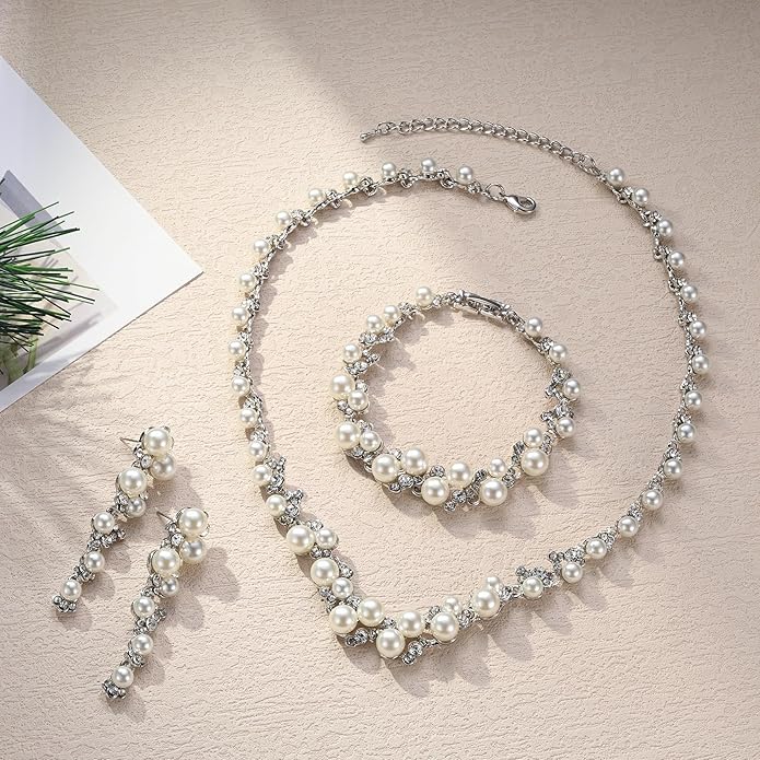 EVER FAITH Simulated Pearl Crystal Bridal Necklace Earrings Bracelet Set Clear