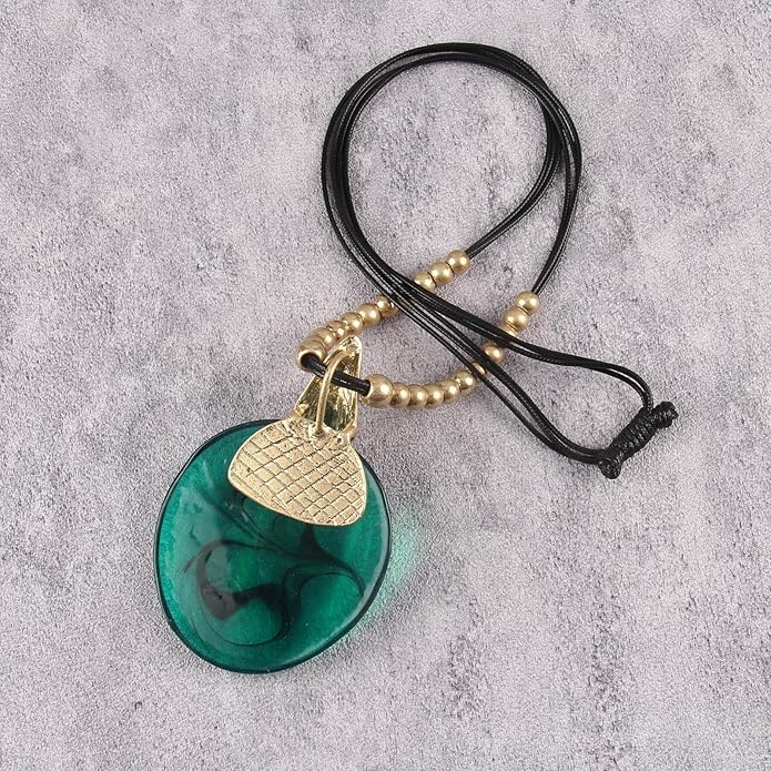 GelConnie Leather Necklace for Women Large Pendant Long Brown Necklace Circle Leather Choker Vintage Sweater Necklace Gold Chunky Boho Necklaces for Women