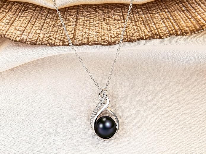 Black pearl necklace for women (Natural AAA+ 9mm) - Wedding anniversary's gift for wife (18k gold platted 925 sterling Silver)- christmas gifts for wife - Real pearls necklace for women - black pearls necklace - pearl pendant