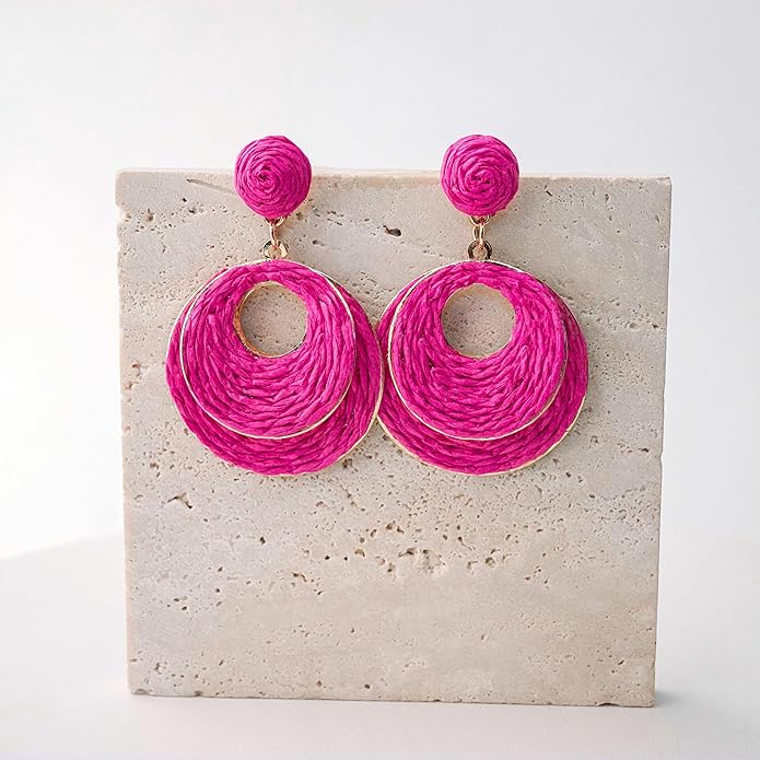 Raffia Hoop Earrings for Women - Boho Straw Wiker Dangle Drop Earrings for Summer Beach, Bohemian Trendy Rattan Jewelry
