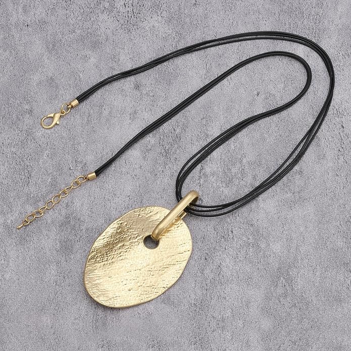 GelConnie Leather Necklace for Women Large Pendant Long Brown Necklace Circle Leather Choker Vintage Sweater Necklace Gold Chunky Boho Necklaces for Women