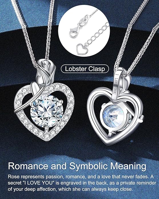 Rose Heart Pendant Necklace for Wife, 2-4 Carat Moissanite 925 Sterling Silver Necklace, Wedding Anniversary Present or Birthday Christmas Valentines Day Jewelry for Wife Her Girlfriend Mom Daughter