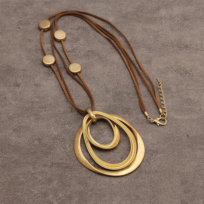 GelConnie Leather Necklace for Women Large Pendant Long Brown Necklace Circle Leather Choker Vintage Sweater Necklace Gold Chunky Boho Necklaces for Women