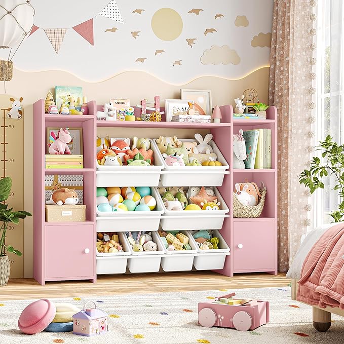 FOTOSOK 55''Large Toy Storage Organizer with 8 Toy Bins, Toy Organizers and Storage with Shelf and 6 Storage Cubbies, Bookshelf for Kids, Playroom Organization and Storage Bins, Pink