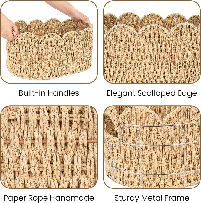 iEGrow Paper Rope Scalloped Basket, Cute Boho Oval Baby Baskets - Image 4