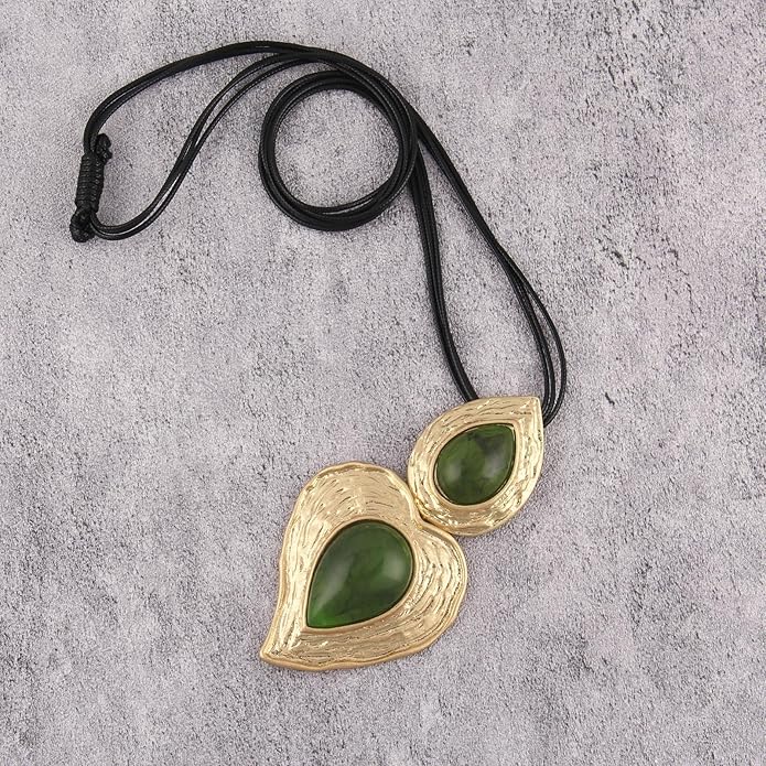 GelConnie Leather Necklace for Women Large Pendant Long Brown Necklace Circle Leather Choker Vintage Sweater Necklace Gold Chunky Boho Necklaces for Women