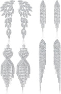 THUNARAZ 4 Pairs Silver Clip on Earrings for Women, Sparkly Rhinestone Tassel Chandelier Teardrop Dangle Earrings for Brides Bridesmaids Non Pierced Prom Jewelry Set