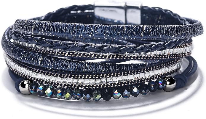 Fesciory Leopard Bracelet for Women, Boho Leather Wrap Multi-Layer Pearl Crystal Bracelet Bangle Jewelry