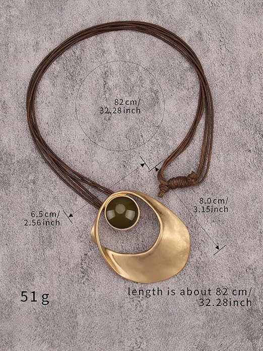 GelConnie Leather Necklace for Women Large Pendant Long Brown Necklace Circle Leather Choker Vintage Sweater Necklace Gold Chunky Boho Necklaces for Women