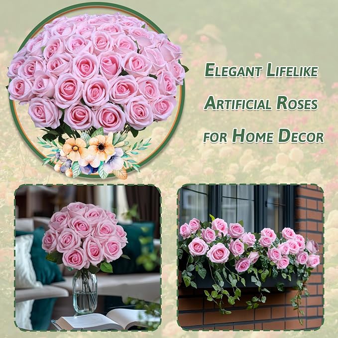 30 PCS Fake Pink Roses, Artificial Flowers Bulk, Realistic Silk Faux Roses | - Image 4