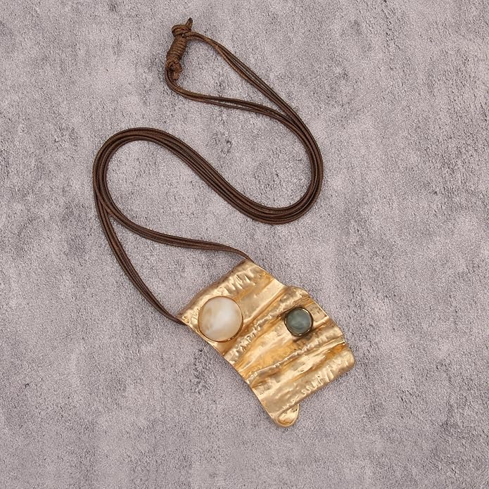GelConnie Leather Necklace for Women Large Pendant Long Brown Necklace Circle Leather Choker Vintage Sweater Necklace Gold Chunky Boho Necklaces for Women
